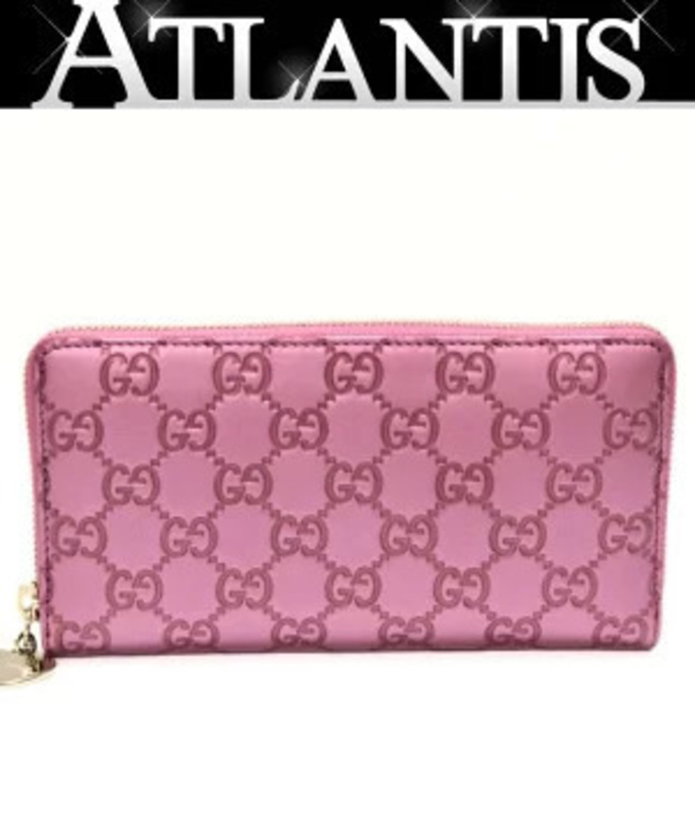 Gucci Guccissima Heart Charm Round Zip Long Wallet Leather Metallic Pink